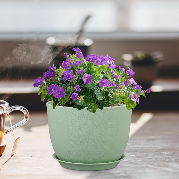 Meowell 12 inch Big Plant Pots, Plastic Planters with Drainage Holes and Trays, Flower Pots for Indoor Outdoor Plants, Modern Decorative Pots for Garden House Plants, Green