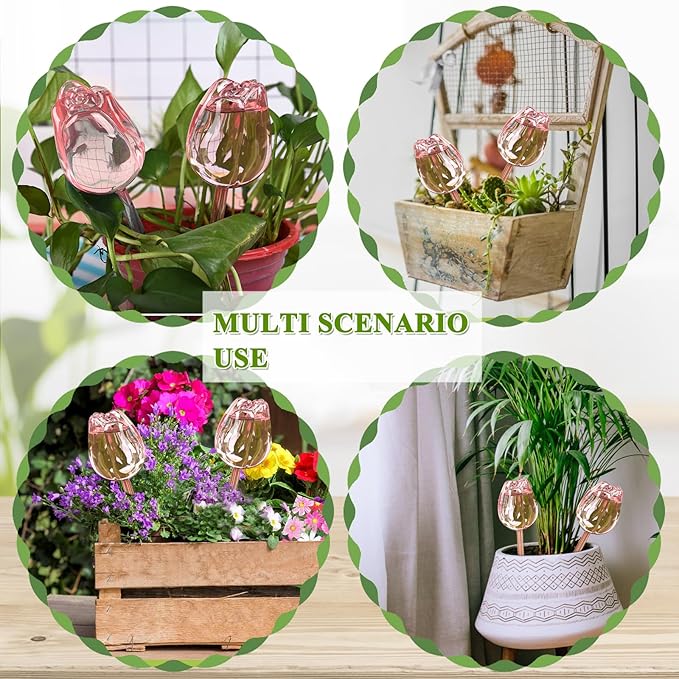 2Pcs Tulips Self Plant Watering Globes, Glass Self Watering Planter Insert, Automatic Plant Waterer Devices Indoor Outdoor (Pink)