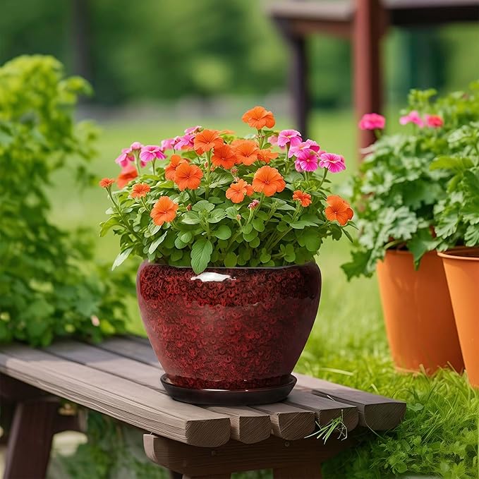 Ceramic Plant Pots - 10 Inch Planters for Plants Indoor Outdoor, Round Plant Pots with Drainage Hole and Saucer, Decorative Indoor Planter, Office Decor, Gifts for Plant Lovers, Red Leopard
