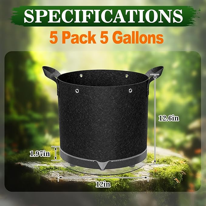 5 Pack 5 Gallon Self-Watering Grow Bags, Thick Nonwoven Fabric Pots with Support Rings and Reinforced Handles, Self-Watering Planters with Bottom Reservoir for Tomatoes Peppers Potatoes and Vegetables