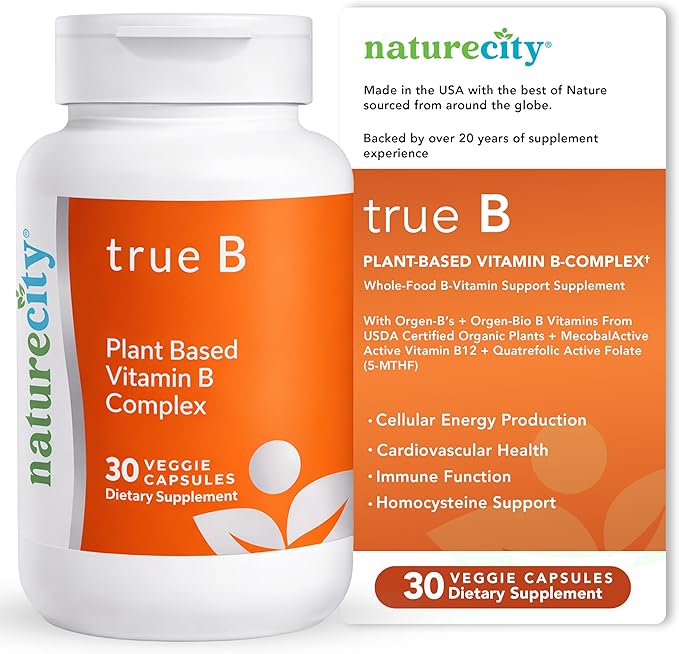 NatureCity True-B Plant-Based Super B Vitamin Complex Supplement |Made from Certified Organic Whole Food Plant Sources with Active Folate and Vitamin B12 - (30 Veggie Capsules)