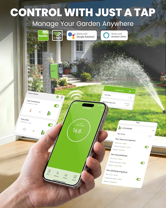 RAINPOINT WiFi Water Timer for Garden Hose, WiFi Sprinkler Controller, Smart Hose Timer Valve, Automatic Drip Irrigation System/Rain Delay for Garden/Lawn/Yard (Brass Inlet, WiFi Gateway)