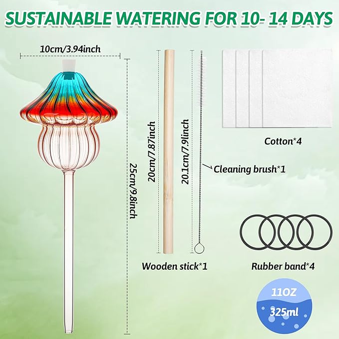 11 oz Large Plant Watering Globes Mushroom, Gradient Color Glass Watering Bulbs, Self Watering Planter Insert, Self Watering Globes - Vacation Plant Watering Devices for Travel (Large 4-Pack)
