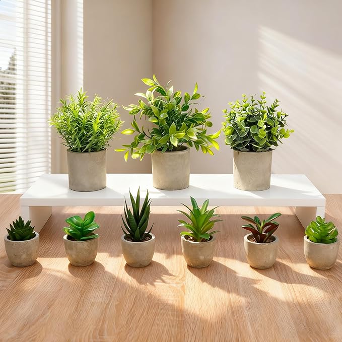 AUUGUU Artificial Potted Plants Faux Greenery in Cement Pots for Shelf, Bookshelf, Office or Home Decor, Small Decorative Fake Plants for Modern Indoor Display (9, XXXL)