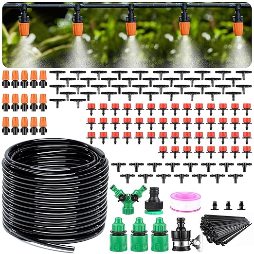 LasTool 164FT Drip Irrigation Kit,Automatic Garden Watering System with 1/4" Tubing,Adjustable Mist Sprayer Nozzles & Drip Emitters for Raised Bed,Patio,Lawn, Greenhouse-Easy DIY Installation