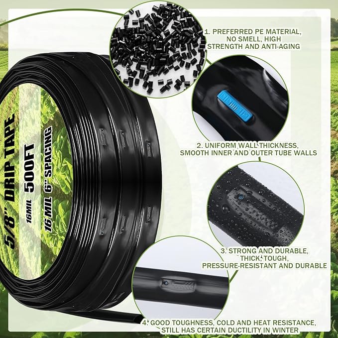 Tondiamo 1000 ft 5/8 Inch Drip Tape Irrigation Tubing Kit 16 Mil 6 Spacing Hose Garden Landscape Irrigation System Automatic Equipment for Farms