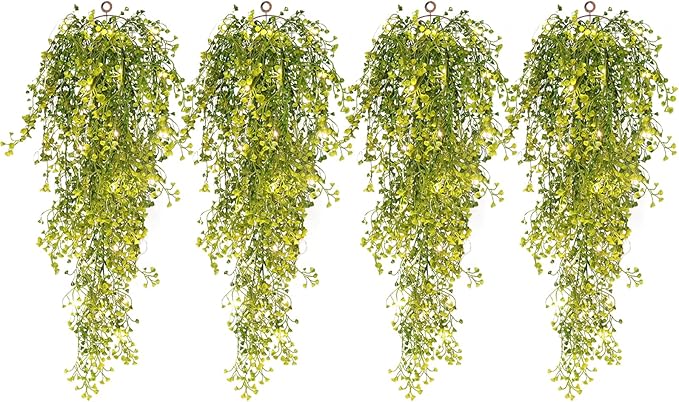 RECUTMS 4Pcs Artificial Hanging Ferns Plants with 30 Lights Fake Ivy Vine Faux Greenery Garland for Porch Fence Patio Yard Wedding Party Indoor Outdoor Decorations (Yellow)