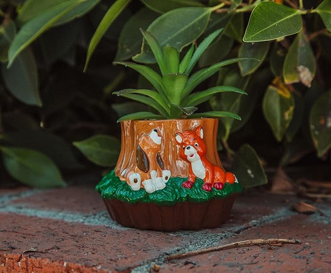 Disney The Fox and The Hound 4-Inch Ceramic Mini Planter with Artificial Succulent | Cute Small Flower Pot, Faux Indoor Plants