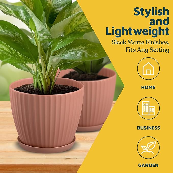 Pink 6-Inch Plant Pots with Drainage & Saucers 24 Pack, Indoor & Outdoor Planters for Houseplants, Herbs, and Flowers, Durable & Weatherproof Material, Stackable, Lightweight, Minimalist Design