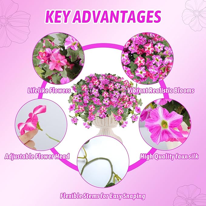 Alotiki Artificial Fake Flowers for Outdoor Decoration,4 Pcs Faux Petunias Flowers UV Resistant Silk for Porch Yard Garden Home Indoor Decor(Purple Red)
