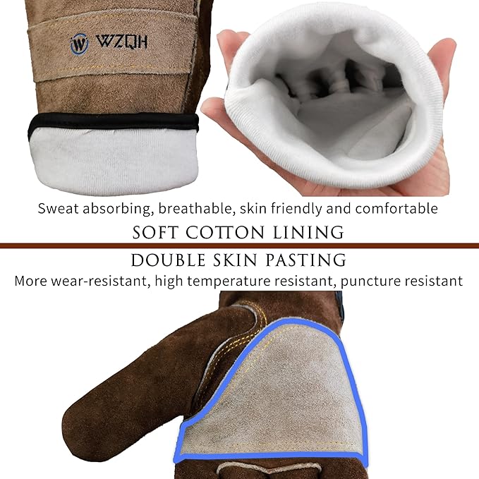 WZQH Leather Work Gloves for Men or Women. Medium Glove for Gardening, Tig/Mig Welding, Construction, Chainsaw, Farm, Ranch, etc. Cowhide, Cotton Lined, Utility, Firm Grip, Durable. Coffee-grey M