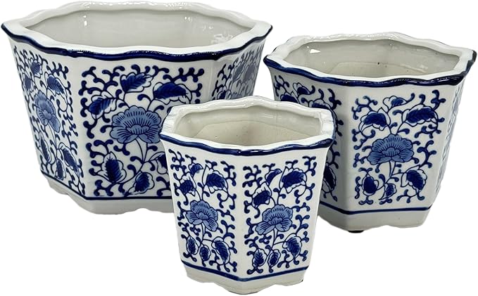 Galt International Blue & White Floral Porcelain Ceramic Decorative Flower Pot 8"/6"/4.5" Garden Pots Chinese Asian Design - Set of 3 Hexagonal