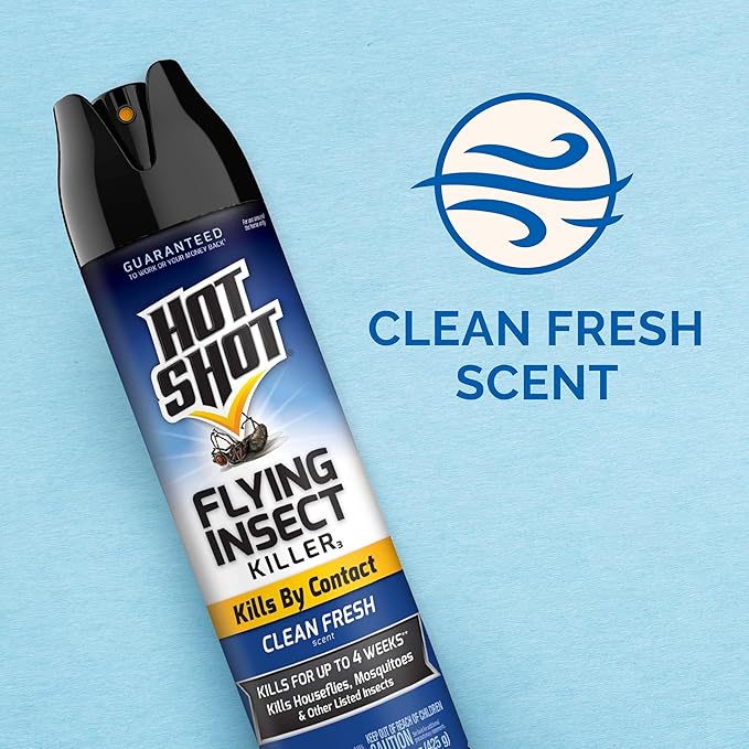 Hot Shot Flying Insect Killer, 15 Ounces, Aerosol Kills Houseflies, Mosquitoes and Flying Insects Indoors and Outdoors, Clean Fresh Scent, 3 Pack