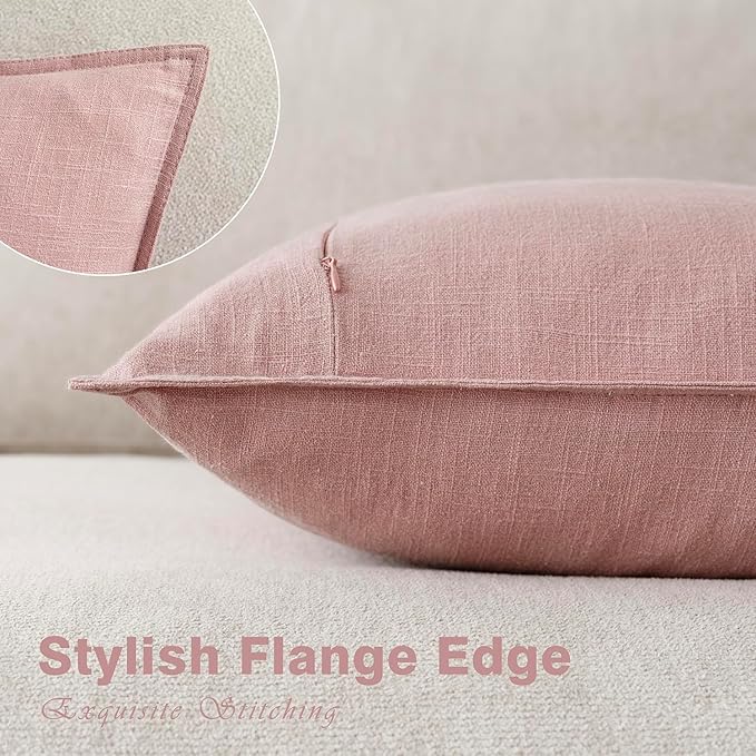 Foindtower Pack of 2, Decorative Linen Soild Throw Pillow Covers Soft Accent Cushion Euro Case Boho Farmhouse Pillowcase for Chair Couch Sofa Bedroom Living Room Home Decor 24 x 24 Inch Rose Pink