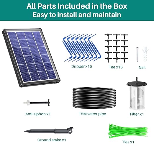 Biling 3.5W Solar Drip Irrigation Kit, 15M Automatic Watering System with Multi Modes, Vacation Plant Watering Solution for Garden, Greenhouse, Patio (15 Drippers)