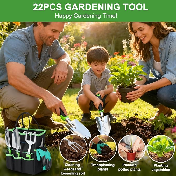 Yesker Gardening Tools 22-Piece Heavy Duty Garden Tool Set Gardening Supplies Gifts for Women Men Gardening Hand Tool Kit with Non-Slip Ergonomic Handle, Garden Bag, Gloves, 15 Plant Tags, Black Green