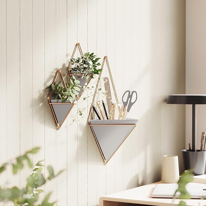 Umbra Trigg Hanging Planter Vase Wall Decor, Set of 2 Pots Containers for Succulents, Cactus, Faux Plants, and More, Small, Grey/Copper