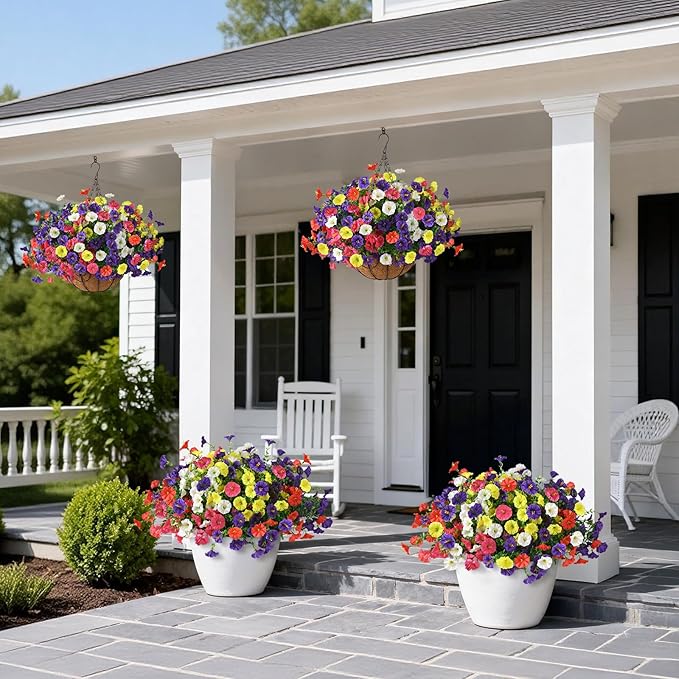 Homsunny Artificial Hanging Flowers Plants with Basket for Outdoors - Fake Petunias Flowers Fake Silk Morning Glory Planter for Outside Porch Patio Balcony Garden Spring Summer Decor(Color Blending)
