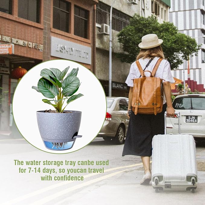 WSMKSZ 10 inch Self Watering Pots, Planter, Plant Pots with Mesh Drainage Holes for Indoor Outdoor House Plants and Garden, Set of 2 Plastic Flower Pots with Deep Reservoir, Speckled Grey