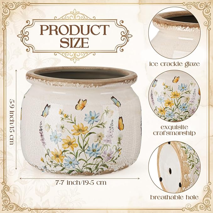 7.7″ Large Vintage Ceramic Plant Pot with Butterfly Pattern Warm Yellow Rustic Planter with Ice Crackle Glaze & Drainage Hole for Indoor Outdoor Plants Home Kitchen Office Decor Gift