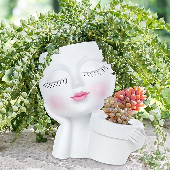 Lady Face Resin Planter Pot - Dual Planting Spaces & Drainage Holes, Indoor/Outdoor Decor for Succulents/Cactus - Unique Gift for Plant Lovers (White)