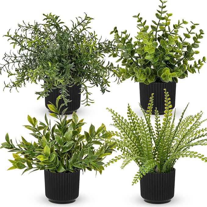 Hollyone 4 Pack Artificial Potted Plants Eucalyptus Rosemary Boston Fern ZZ Plant Fake Plant in Black Pot Small Faux Plant Greenery Aesthetic Indoor Home Decor Bathroom Bedroom Table Shelf Office