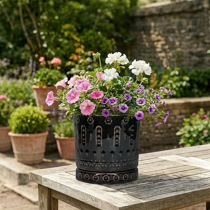 Eightpot 6 Inch Plant Pot, Ceramic Pots for Plants with Drainage Hole and Saucer, Round Planter for Indoor Outdoor Plants, Modern Decorative Flower Pots, Bedroom Decor, Gifts for Plant Lovers, Black