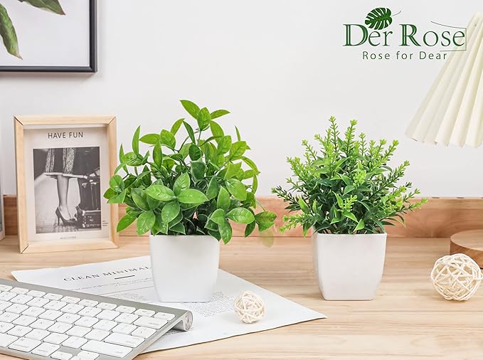 Der Rose 2 Pack Fake Plants Small Faux Artificial Small Potted Plants Indoor for Room Home Office Farmhouse Bathroom Decor