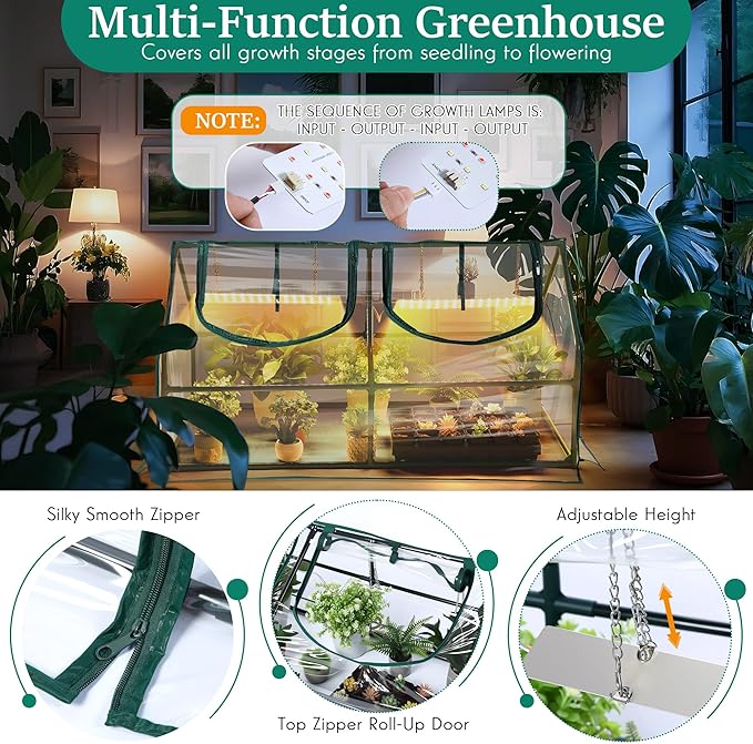 Meonum Mini Greenhouse with Grow Light, 47.2" L x 23.6" L x 23.6" W Portable Greenhouses Waterproof UV-Resistant for Indoor/Outdoor Seed Starting (House Shape)