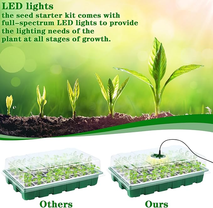 Hahood 3 Pack Seed Starter Tray Kit with Grow Light Germination Trays with Humidity Dome, 120 Peat Pellets, Gardening Tools, Plant Labels, Plant Growing Trays for Seeds Growing Starting, Green