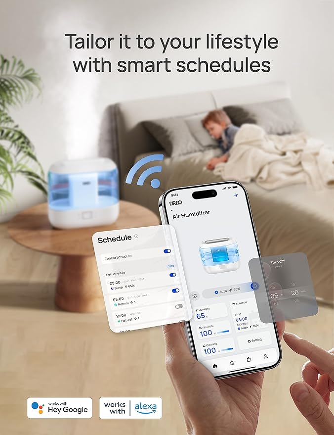 Dreo Smart Humidifiers for Bedroom-Filter Included,Top Fill 4L Humidifier Large Room with 28 dB, 36H Runtime, Touch/APP/Voice Control, Nightlight, Cool Mist Humidifiers for Baby, Plants, Indoor, Blue