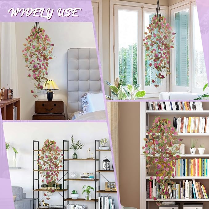 LOYWREE 2 Pack Artificial Purple Ivy Hanging Vine Plants - Small Potted Long Trailing Cascading Foliage, Gothic Home Decor for Indoor/Outdoor, Office, Garden & Shelf (Black Pot)