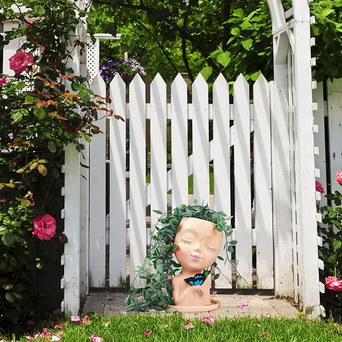 WEWEOW Face Planters for Outdoor Plants, Resin Succulent Pots with Drainage Hole Cute Lady Face Flower Pots