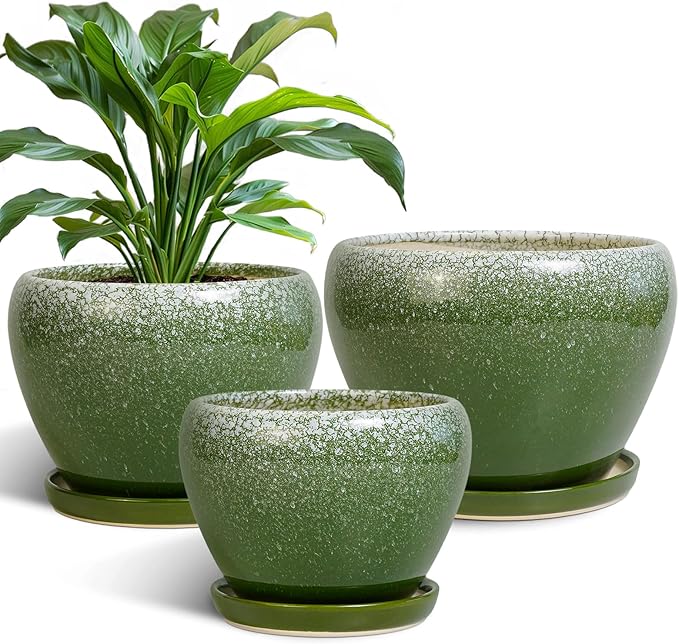 Ceramic Pots for Plants, 10+8+6 Inch Round Decorative Planters for Indoor Outdoor with Drainage Holes and Saucers, Office Garden Room Patio Decor, Gifts for Plant Lovers, Set of 3, Green
