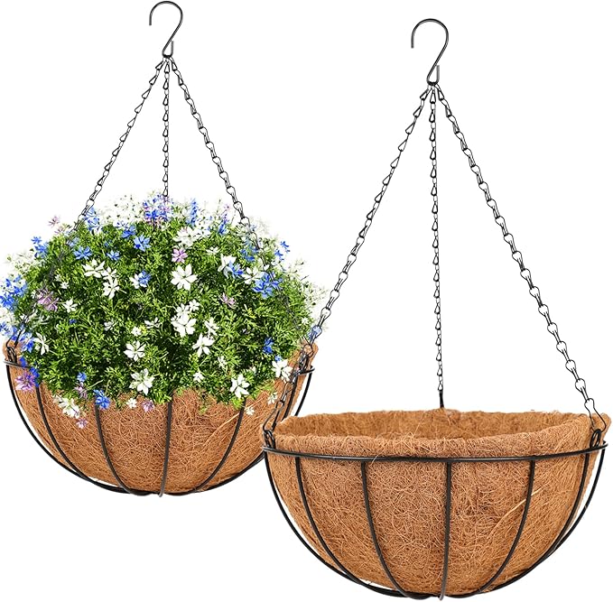 HKZ Hanging Basket Planter Plants Outdoor - 2 Pack 10 Inch Metal Hanging Planter with Coco Liners, Chain Hook Hanging Flower Pots for Indoor Outdoor Garden Porch Decoration