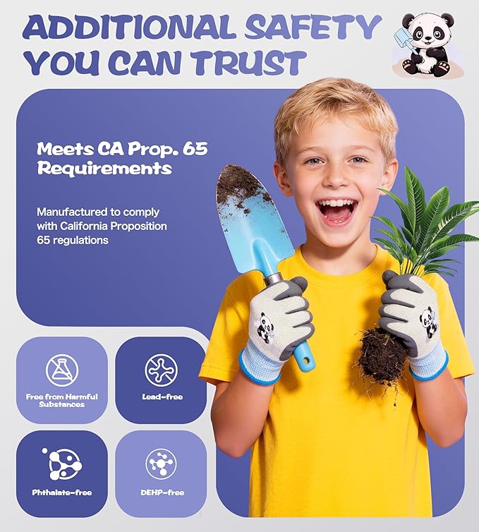 Mr. Panda 3 Pairs Skin-Friendly kids gardening gloves for Age 5-7, Rubber Coated childrens garden gloves, toddler work gloves, XXS