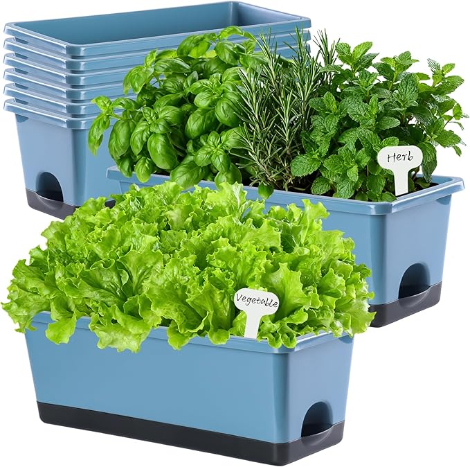 Oliz Window Box Planter 8 Pcs, 17 Inches Rectangle Flower Pots with Drainage Holes and Trays, Vegetable Planters for Windowsill Patio Garden Balcony Home Porch Yard Indoor Outdoor (Blue)