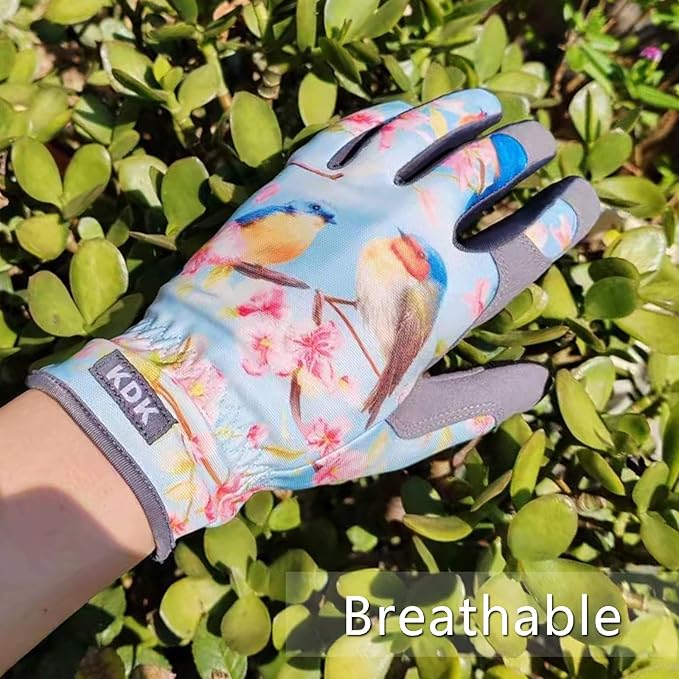 KDK Gardening Gloves for Women, Flexible Breathable Garden Gloves, Leather Working Gloves for Weeding, Digging and Pruning (M-Birds)