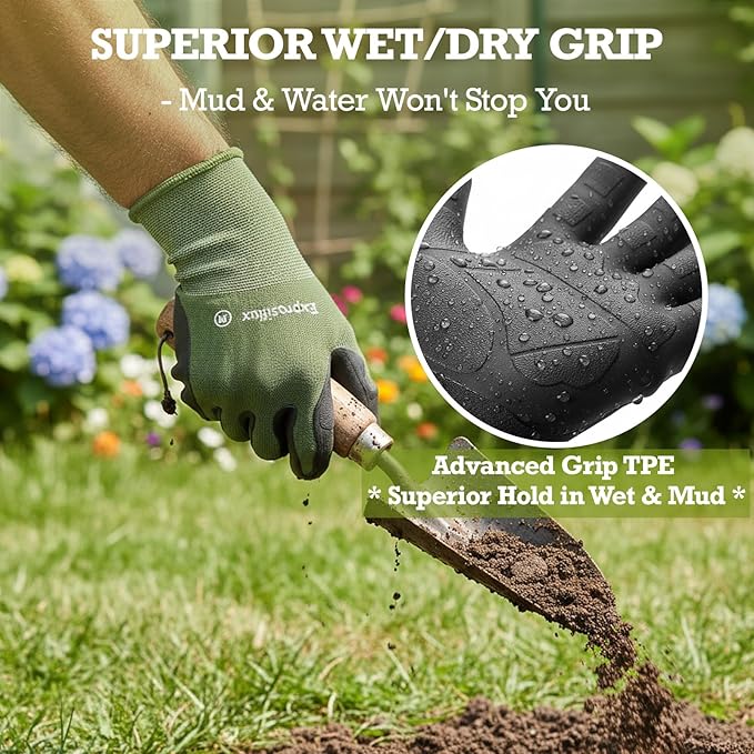 2 Pairs Thickened Non-Slip Gardening Gloves, Recyclable TPE Coating, Durable Breathable Work Gloves for Weeding, Planting, Landscaping & Yard Work, Universal Fit, Olive Green
