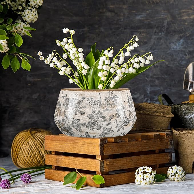 9.8 Inch Large Vintage Ceramic Planter Ice Crack Glaze Gray Floral Flower Pot with Drainage Holes Rustic Country Plant Pots Decorative Gifts for Home Kitchen Office Indoor Outdoor Plants