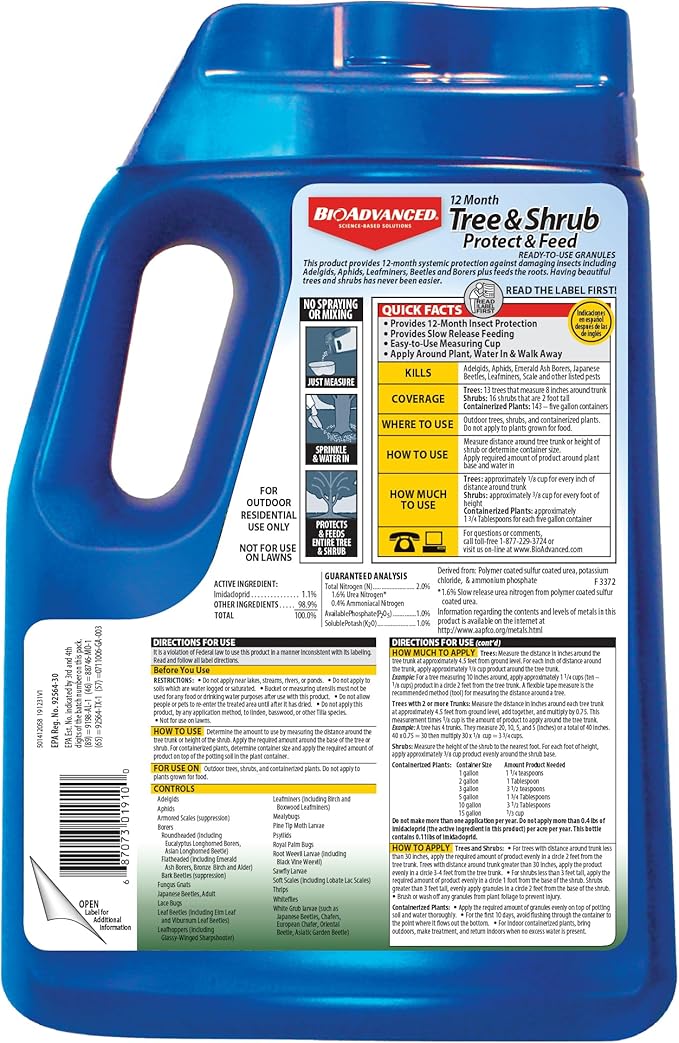 BioAdvanced 12 Month Tree & Shrub Protect and Feed Granules - Apply & Water In - Insect Control and Plant Food - Up to 12 Months Protection - 10 lb Bottle