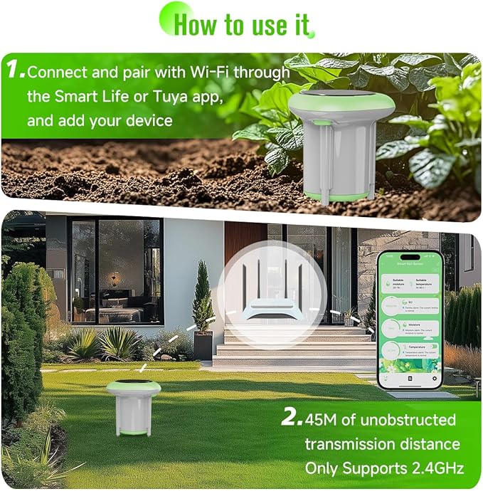 Smart 3-in-1 Soil Moisture/Temperature/Fertility Meter for Plant, Digital Soil Sensor with Tuya/Smart Life APP Push Notification, GreenVation Soil Test Kit for Garden/Farming/Lawn
