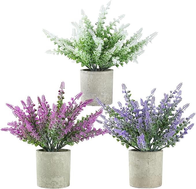 Plant Stand Indoor，3-Pack Lifelike Artificial Lavender ，Artificial Plants Indoor, Nordic Lavender Table Decor，Biodegradable Pot,Suitable for Home and Office Décor