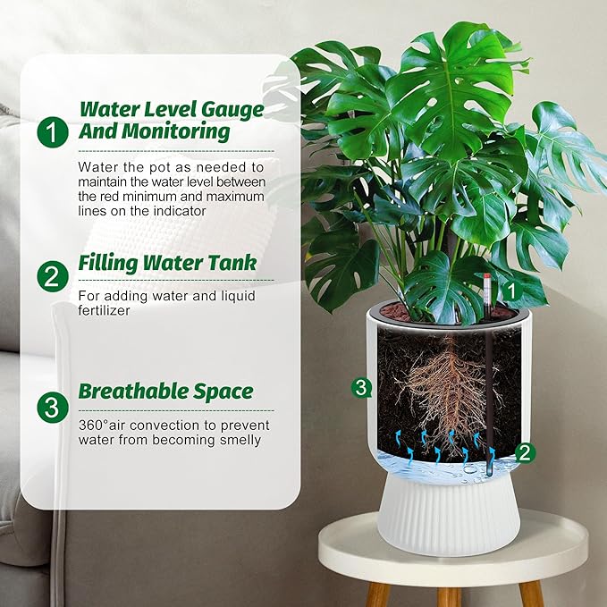 14 Inch Plant Pots, Self Watering Planters Set of 2 with Drainage Holes, Tall planters for Indoor Plants, Flower Pots with Water Level Monitor, for Patio, Porch, Living Room, Home Office, White