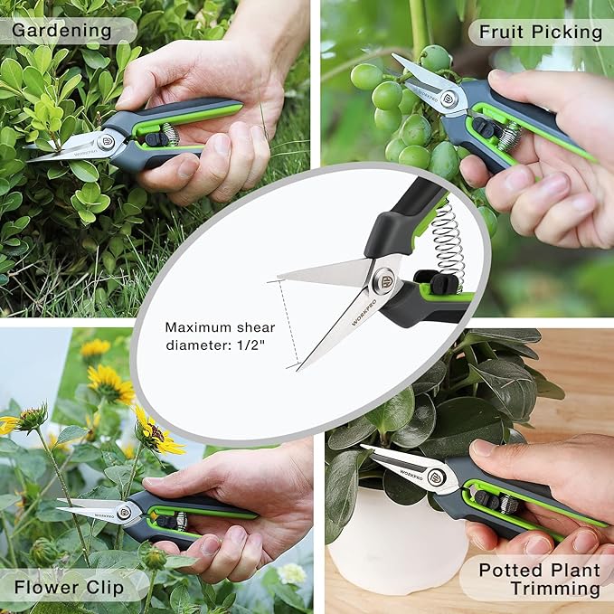 WORKPRO 2 Pack Garden Pruning Shears with Sheath, 6.5” Small Hand Pruners/Snips/Clippers- Spring Loaded & Precision Straight Blades, Microgreen Trimming Scissors for Flowers, Weeds, Indoors Bonsai
