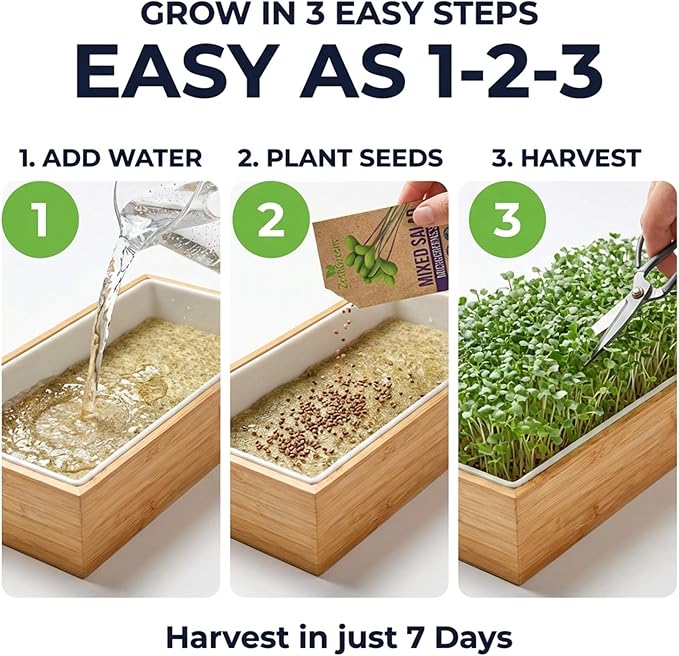 ZESTIGREENS Organic Self-Watering Microgreens Growing Kit – Reusable Indoor Grow Tray with Organic Seeds, Grow Mats & Bamboo Frame – Easy No-Soil Microgreens Starter Kit (Broccoli & Salad Mix)