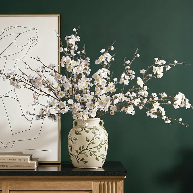 florisso 6 PCS Artificial Cherry Blossom Branches Spring Indoor Decoration, Faux Flowers 34.45" Long Stems Plum Fake Peach Plants Real Touch Silk for Wedding Home Bedroom Party Table Office, White