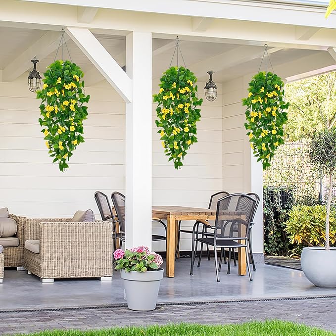 BLEUM CADE Artificial Hanging Flowers for Outdoors, 2pcs Fake Hanging Plants Pothos Vines with Yellow Flowers for Wall Home Living Room Indoor Outdoor Decor (No Baskets)
