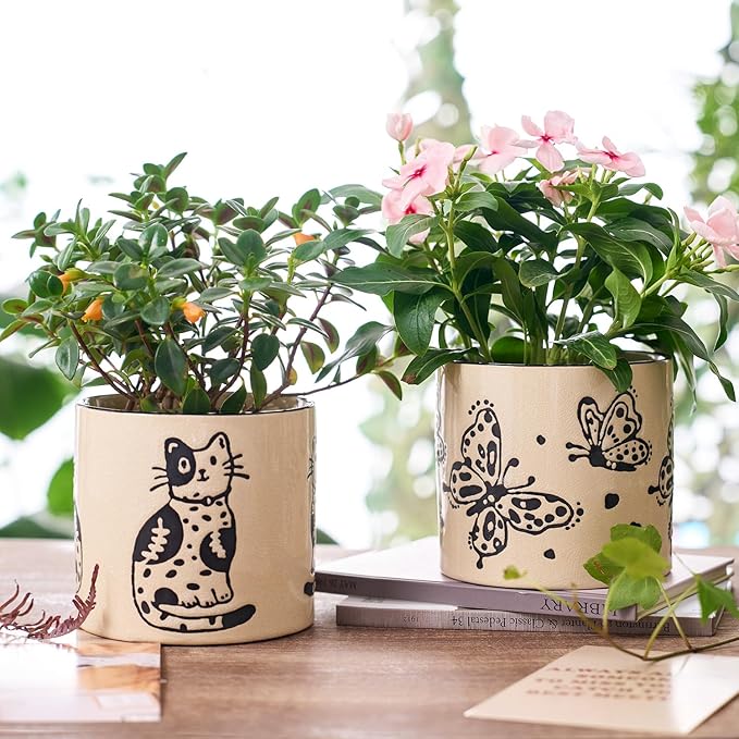 STHIE 5 Inch Ceramic Plant Pots with Drainage Holes, Small Round Flower Pots for Indoor Plant, Unique Animal Flower Planters (Butterfly)
