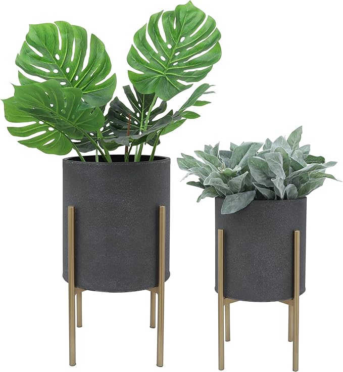 Decorative Flower Pots with Metal Stand for Home Decor - Modern Planters for Hallway, Entryway, and Living Room Decor - Indoor and Outdoor Pots for Plants - Set of 2, 23", 19", Gray & Gold